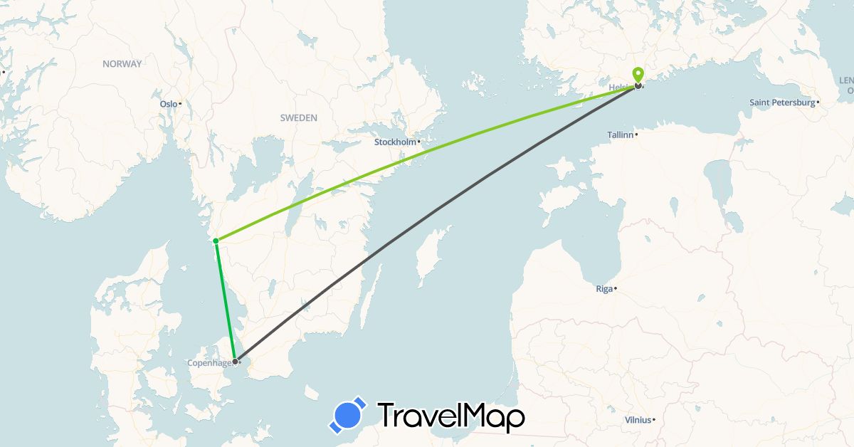 TravelMap itinerary: driving, bus, motorbike, electric vehicle in Denmark, Finland, Sweden (Europe)